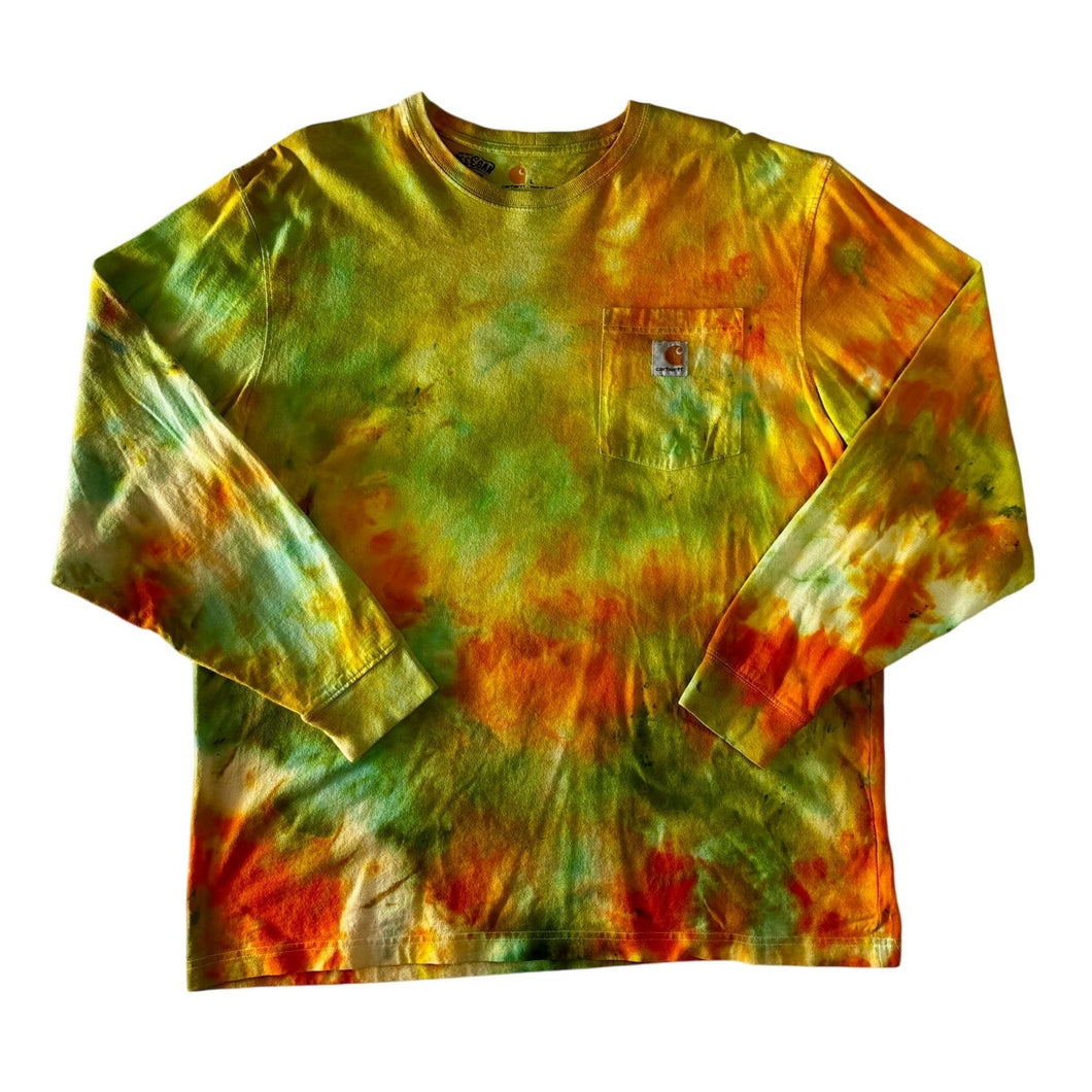 Lime Green Orange & Yellow Ice Dyed Carhartt T-Shirt Long Sleeve Size Large