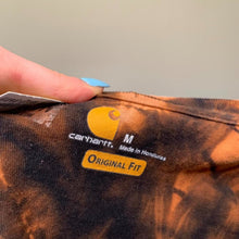 Load image into Gallery viewer, Orange &amp; Black Shibori Bleach Dyed Carhartt T-Shirt Long Sleeve Size Medium

