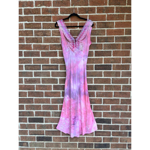 Antique Hand Dyed Slip Dress Pink & Purple Ice Dye Rayon Lace Trim