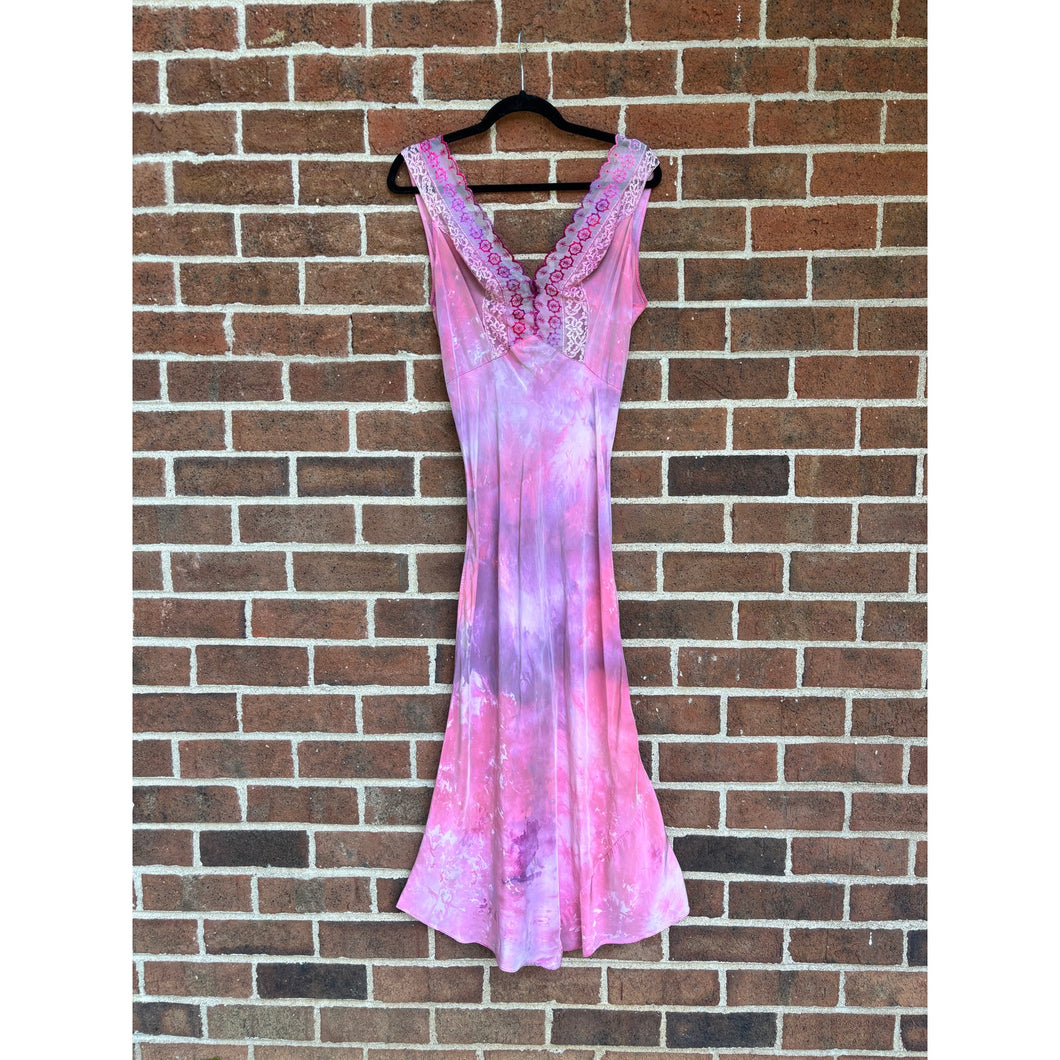 Antique Hand Dyed Slip Dress Pink & Purple Ice Dye Rayon Lace Trim