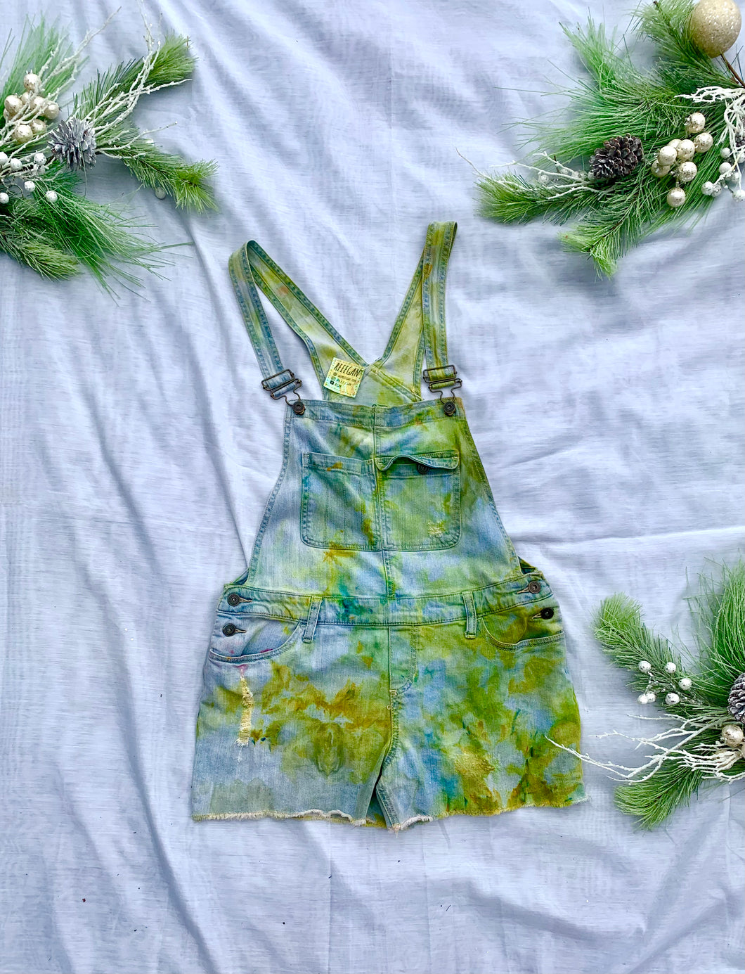 Green ice Dyed Overall Denim Shorts