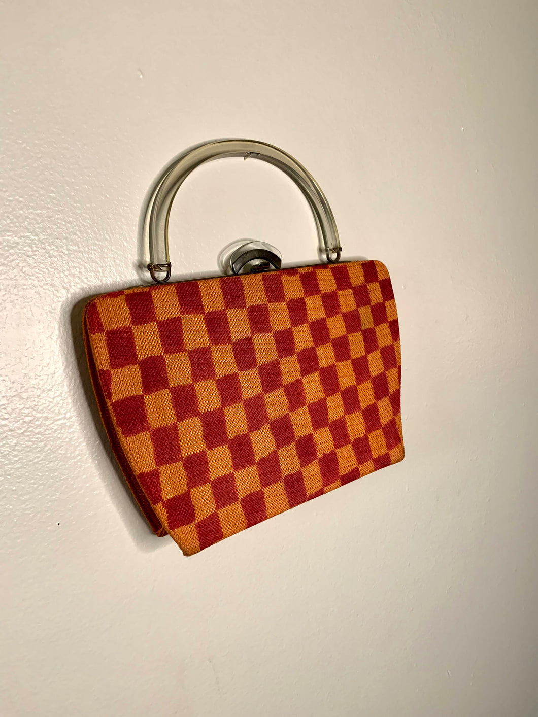 Hand Painted Pink and Orange Checker Print 1960s Purse